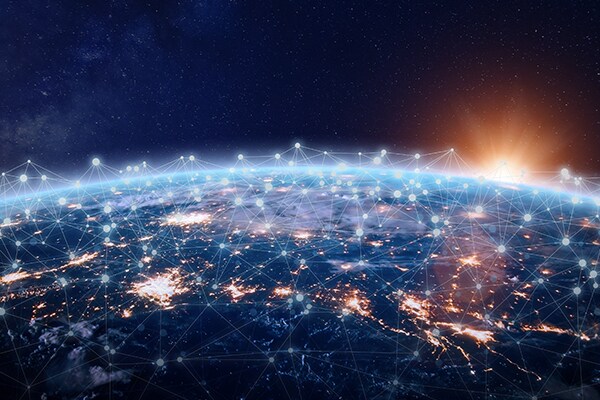 Earth from a distance with graphics depicting a connected world