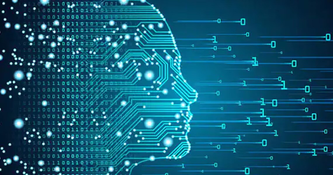 Abstract digital human face with optic fibres and binary digits